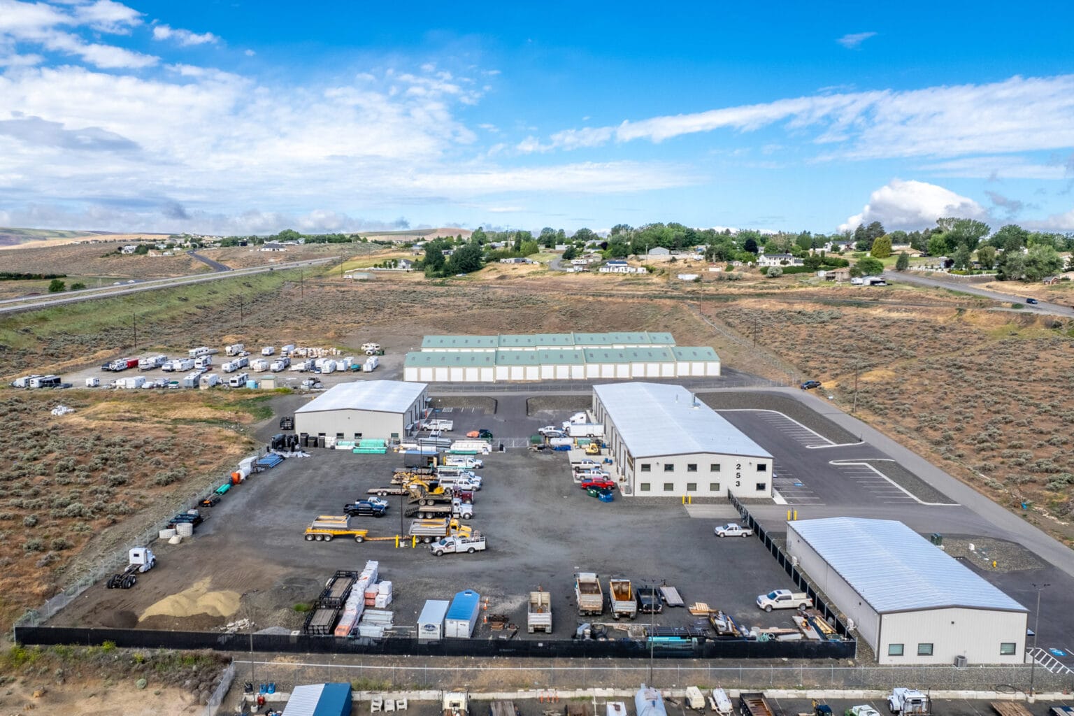 Aerial view of FlexSpace Business Centers in Richland, showcasing various flex spaces and warehouses for rent.